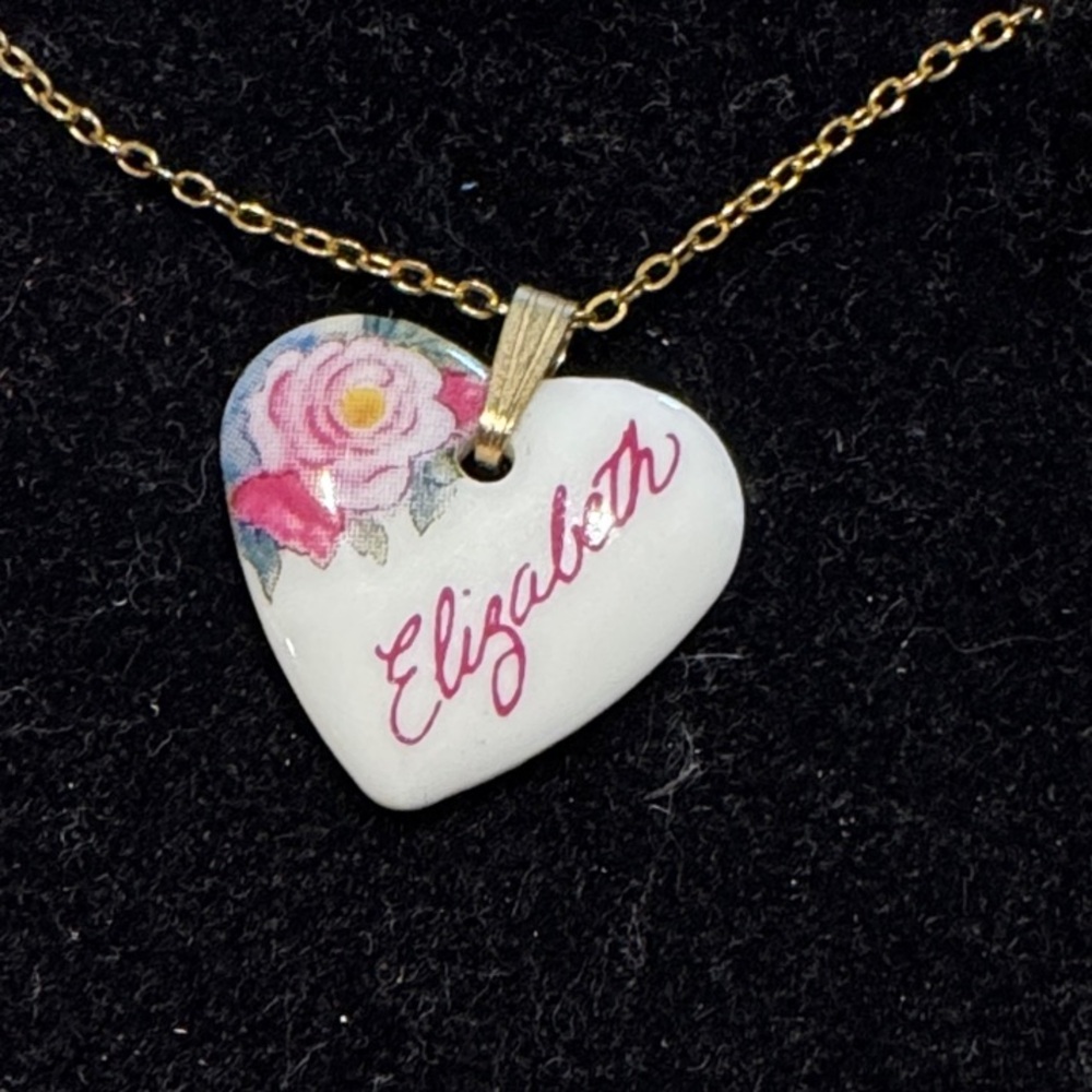 Elegant Floral Heart Necklace with Elizabeth written on it
